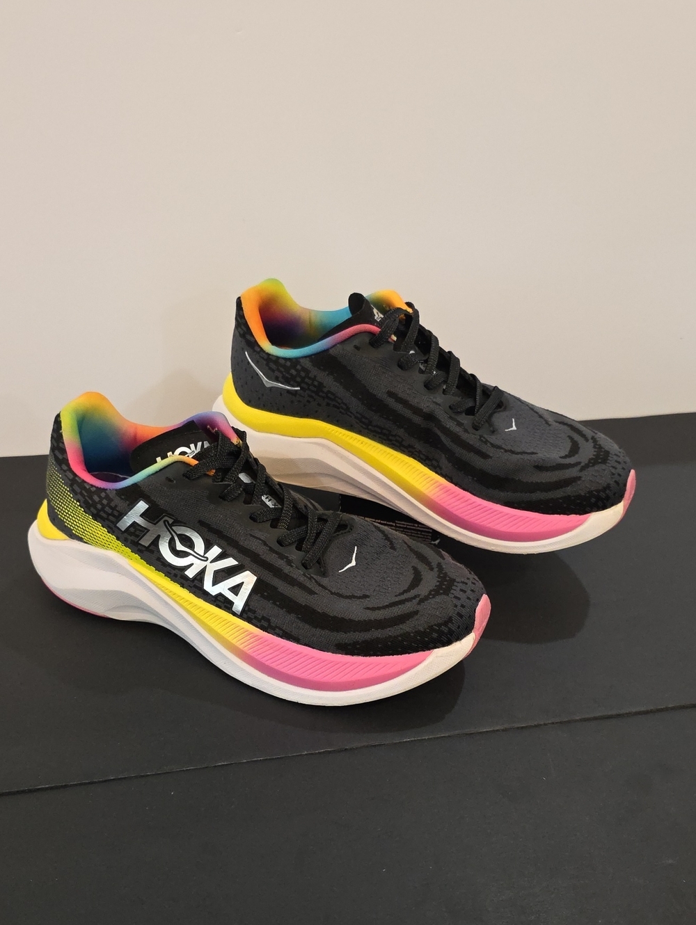 Hoka Mach X Women's Black Shoes with Rainbow Trim and Yellow Size 8.5 D Wide